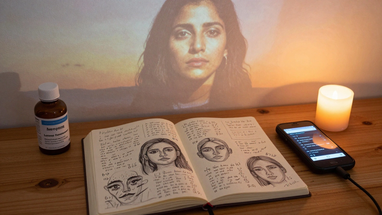A personal journal with sketches and messages beside hormones and a glowing phone, honoring Layleen Polanco&#039;s memory.