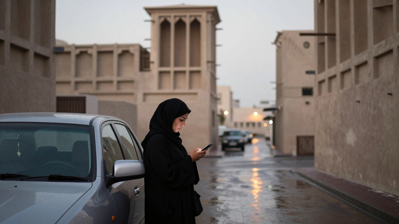 A woman hesitating in a dim Dubai alleyway, phone in hand, city lights glimmering behind her.