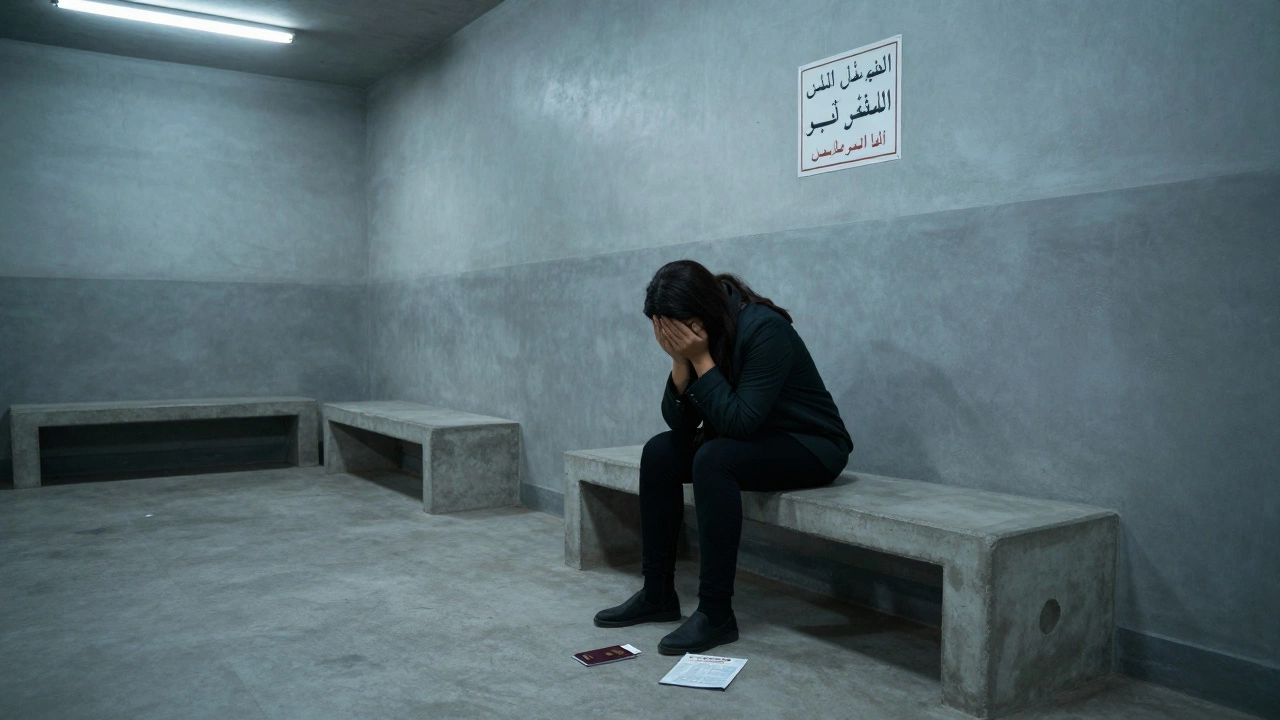 A woman sitting alone in a detention cell, her passport and visa on the floor beside her.