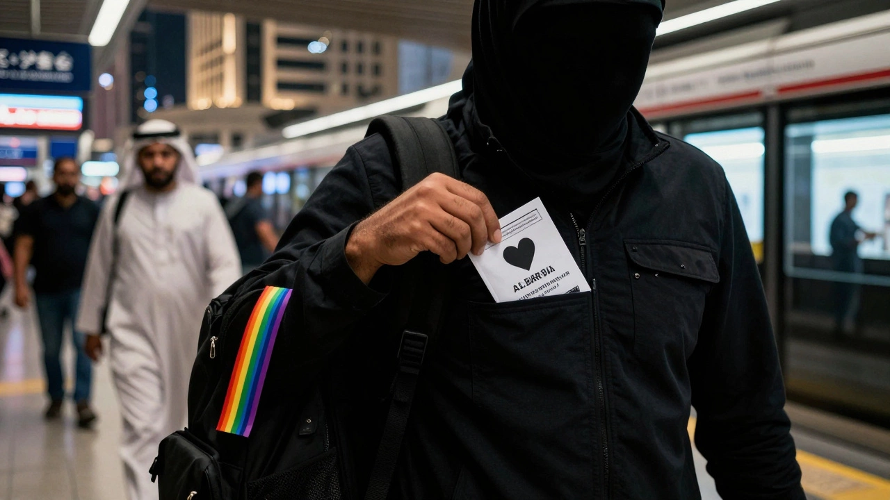 An anonymous activist in Dubai quietly leaving a safety pamphlet for someone in need near a busy metro station.